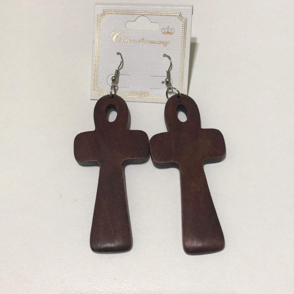 Cross dark wood drop dangle earrings